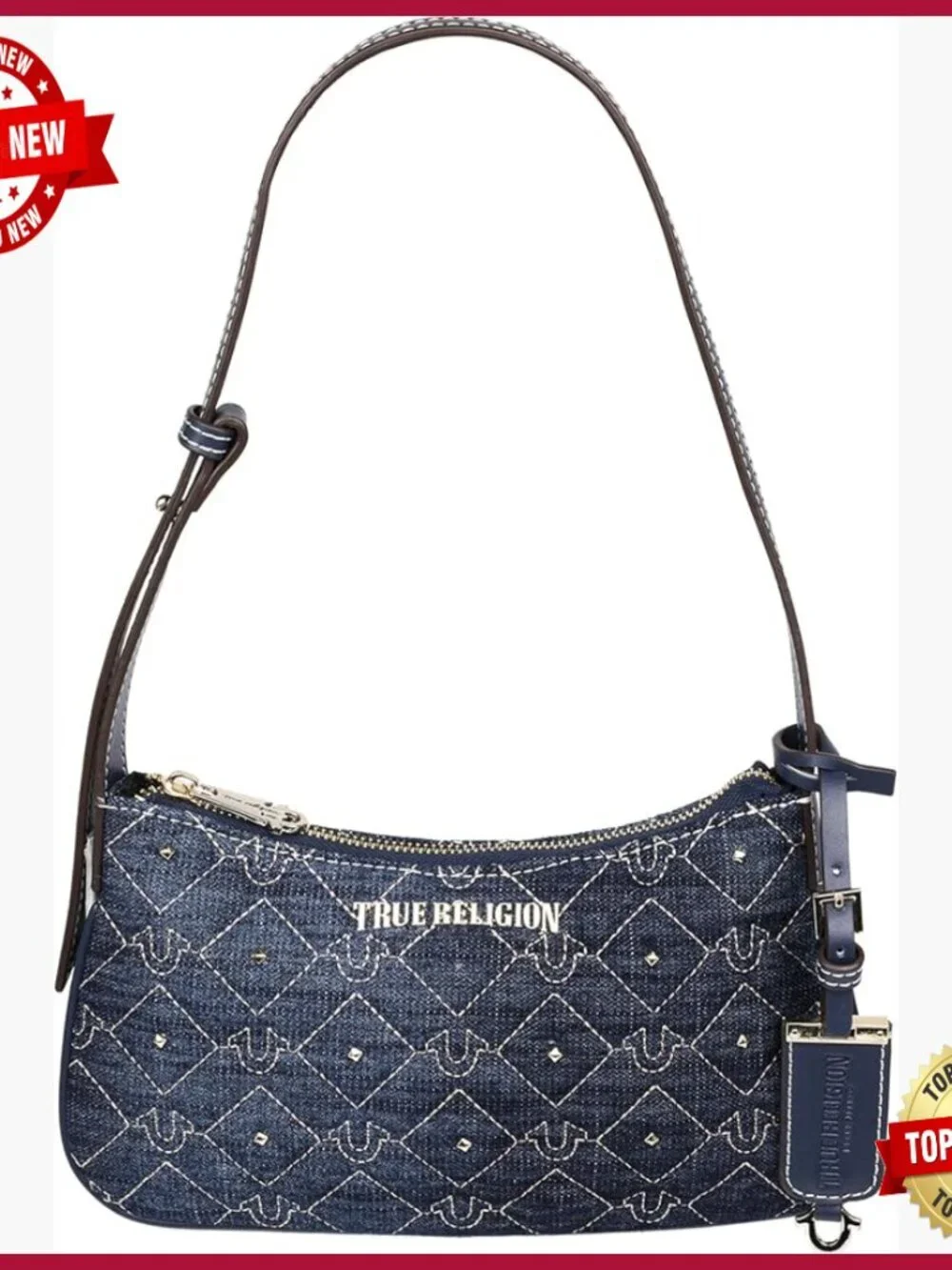 Studded Denim Shoulder Bag Quilted Horseshoe Pattern Gold Hardware
